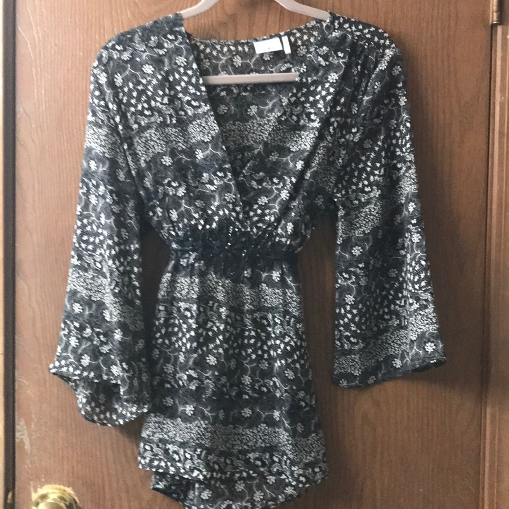 Nicole Miller flowered black and white top